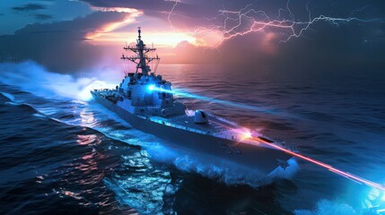 Highlight a futuristic naval destroyer with laser defense systems and electromagnetic railguns, showcasing cutting-edge military technology at sea
