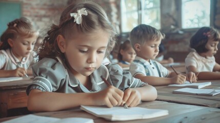 Education school learning and children concept with group of school kids writing test in classroom