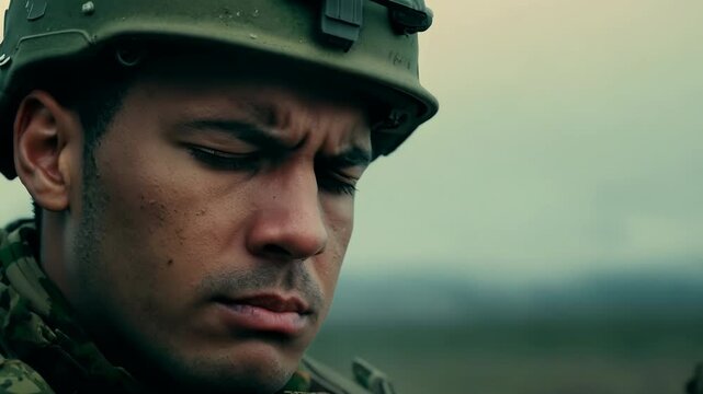 Emotional close-up of soldier's face processing traumatic memories