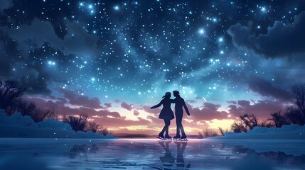 Obraz premium Romantic Ice Skating Under Starry Night Sky with Reflection in Lake