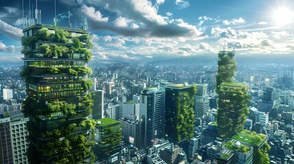 Futuristic Eco-Friendly Cityscape with Vertical Gardens and Green Buildings