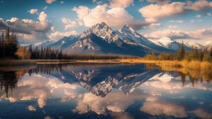 A scenic mountain range reflecting in a still lake at sunset