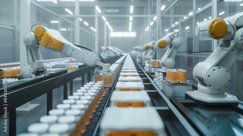 Poster production line equipped with robots that handle packaging and labeling of products, ensuring consis