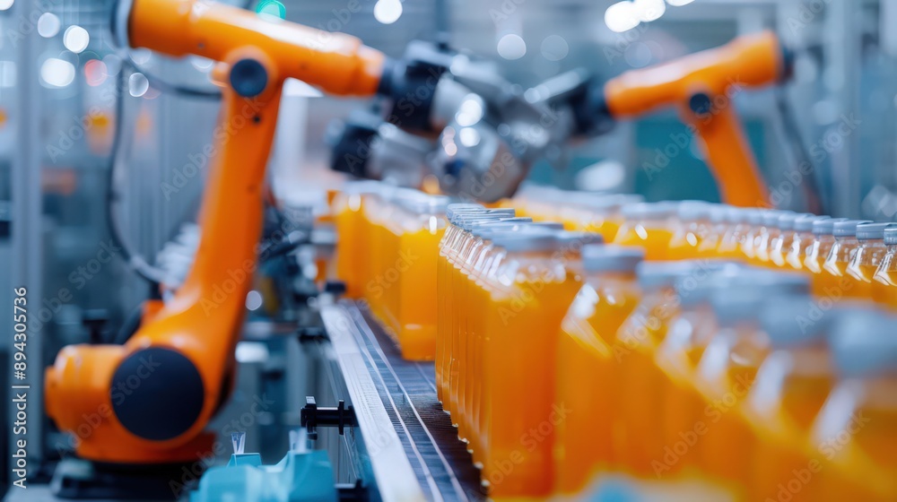 Poster production line equipped with robots that handle packaging and labeling of products, ensuring consis