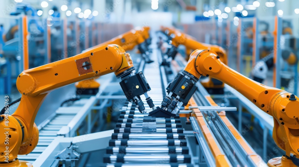 Poster production line equipped with robots that handle packaging and labeling of products, ensuring consis