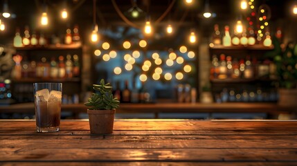 A cozy bar scene featuring a refreshing drink in a glass, a small potted plant, and soft bokeh lights in the background creating an inviting atmosphere. 