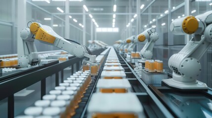 production line equipped with robots that handle packaging and labeling of products, ensuring consistency