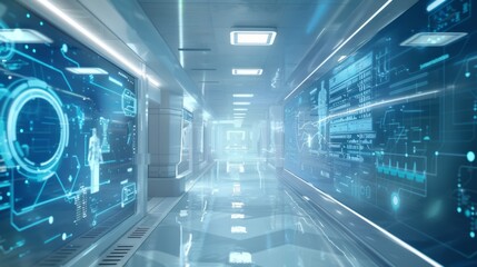 Health and medical science on virtual interface with innovation and digital technology in a futuristic hospital background, featuring advanced healthcare concepts and future-forward medical technology