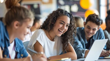 Education teaching learning technology and people concept with high school students helping each other