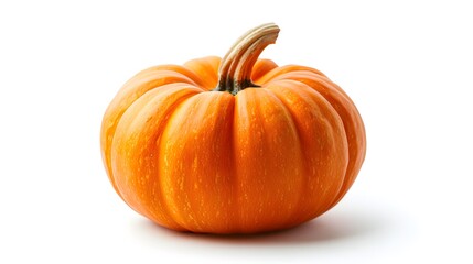 Obraz premium A vibrant orange pumpkin with a distinctive stem, set against a clean white background, perfect for autumn-themed designs and seasonal marketing materials. 