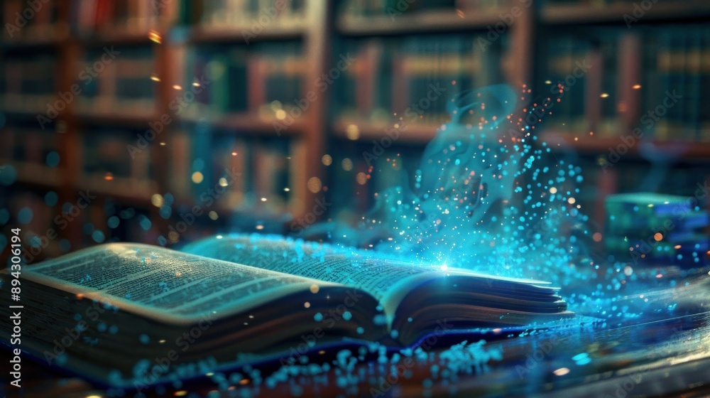 Poster an open book with magical blue light and sparks emanating from its pages