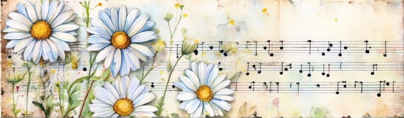 Fototapeta premium A banner in the form of magazine paper with watercolor daisies and lines for writing, adding music and other inscriptions.