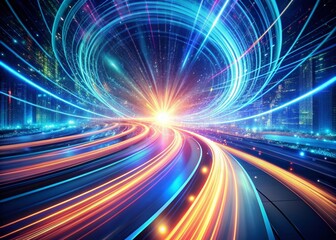 Vibrant, swirling streams of light speed through a futuristic, high-tech data highway, symbolizing rapid information flow and digital communication.