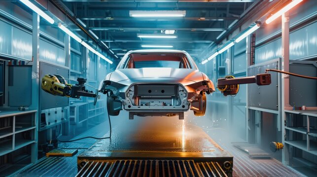 robot applying a perfect coat of paint to automotive parts, showcasing the precision and consistency of robotic painters.