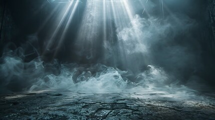 Fototapeta premium A tranquil and atmospheric scene featuring soft rays of light filtering through mist, creating an ethereal ambiance in a dimly lit environment.