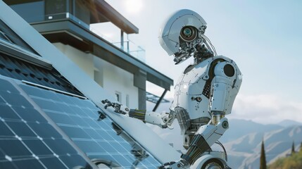 robot installing solar panels on the roof of a new home, showcasing the integration of renewable energy systems