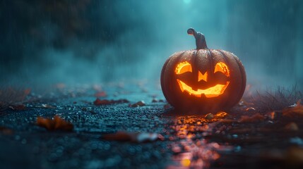 Naklejka premium A glowing jack-o'-lantern sits on a wet pathway, surrounded by fallen leaves and shrouded in mist during a rainy Halloween night, creating an eerie yet festive atmosphere. 