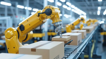 robot packaging products on an assembly line, showcasing the efficiency and reliability of robotic packaging solutions