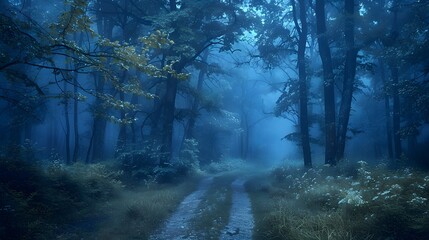 Obraz premium A tranquil forest path shrouded in a mystical blue fog, inviting exploration and reflection. 