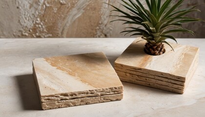 Stone Planter with Green Plant on Beige Background.