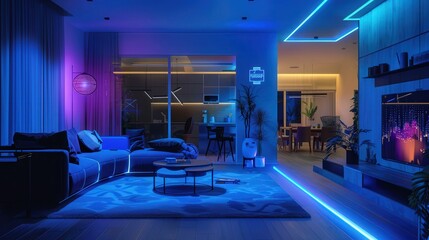 smart home equipped with AI assistants, automated systems, and augmented reality interfaces