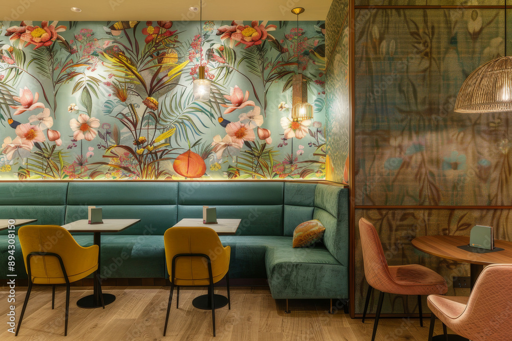 Wall mural applying wallpaper in a commercial setting such as an elegant restaurant emphasizing the role of wal