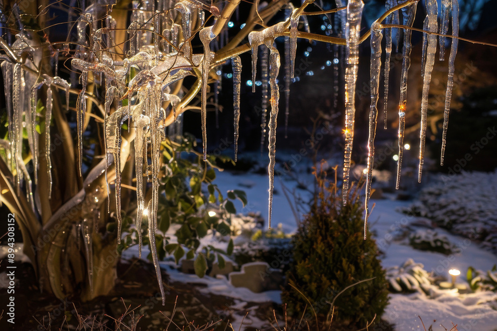 Canvas Prints a scene of icicles forming on the branches of trees and shrubs, creating a magical icicle garden in 