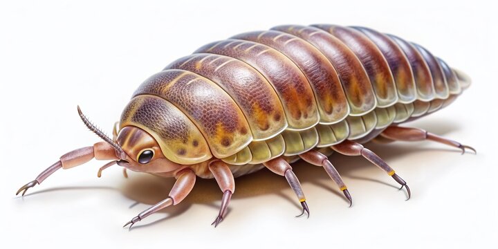 Colorful digital art illustration of a small woodlouse with segmented exoskeleton, jointed legs, and tiny antennae, isolated on a pure white background with subtle shading.