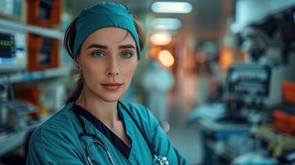 Fototapeta premium Female Doctor in Blue Scrubs Standing in a Hospital Room