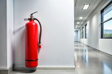 Obraz premium Red fire extinguisher mounted on a white office wall with a silver nozzle and black labels, surrounded by plain white walls and a gray floor.