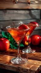 Apple cocktails with apple slices in martini glasses on rustic wooden table