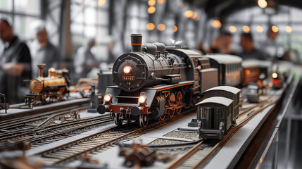 Close-up view of a detailed model railway with a classic steam locomotive and several train cars on tracks, set in a miniature railway exhibit.