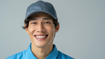 Realistic portrait of a smiling Southeast Asian food delivery worker, beaming with joy and satisfaction, captured against a clear background, emphasizing his dedication and professional pride.