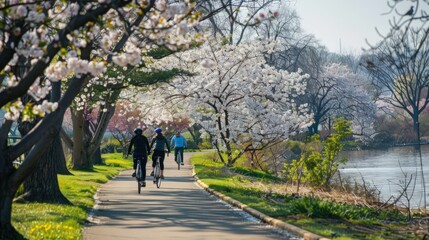 Joggers and cyclists take to paths lined with cherry blossoms and magnolia trees, enjoying the beauty of spring's natural adornments.