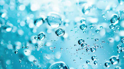 Oxygen bubbles in clear blue water, close-up. Mineral water. Water enriched with oxygen.