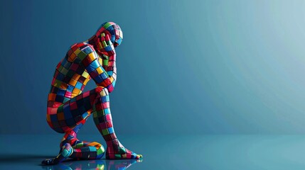 Human figure made of multi-colored squares in a thinking pose