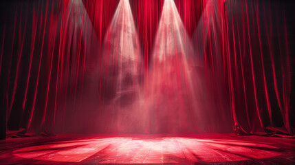 A stage with a deep red curtain and a shining spotlight. Perfect for art performances.