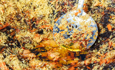 Close-up of pilaf in a cauldron