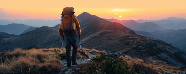 Hiker facing sunset in mountains, vast landscape, adventure
