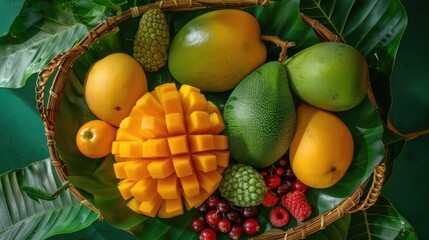 Tropical fruits in a basket, featuring mangoes, papayas, passion fruits, cherimoyas, and assorted berries on a background of green leaves.