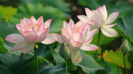 Fototapeta premium Lotus flowers, with their serene beauty and large, round blooms in shades of pink,
