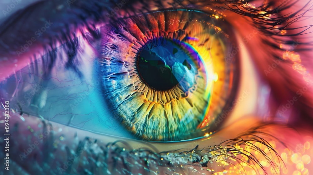 Poster multicolored iris of the eye animation concept with rainbow lines scattering from a bright binary ci