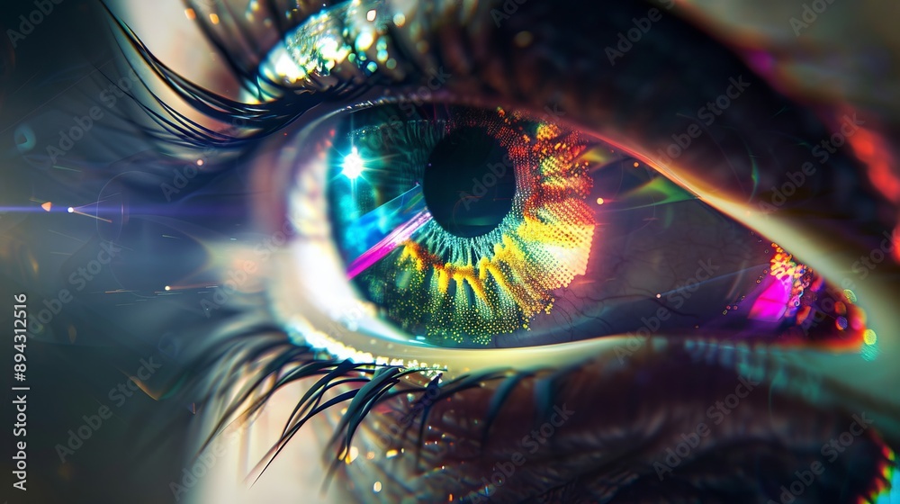 Poster multicolored iris of the eye animation concept with rainbow lines scattering from a bright binary ci