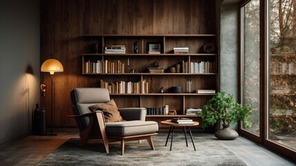 Fototapeta premium Stylish interior of living room with design brown armchair, wooden bookcase, pendant lamp, carpet decor, picture frames and elegant personal accessories in modern retro home decor