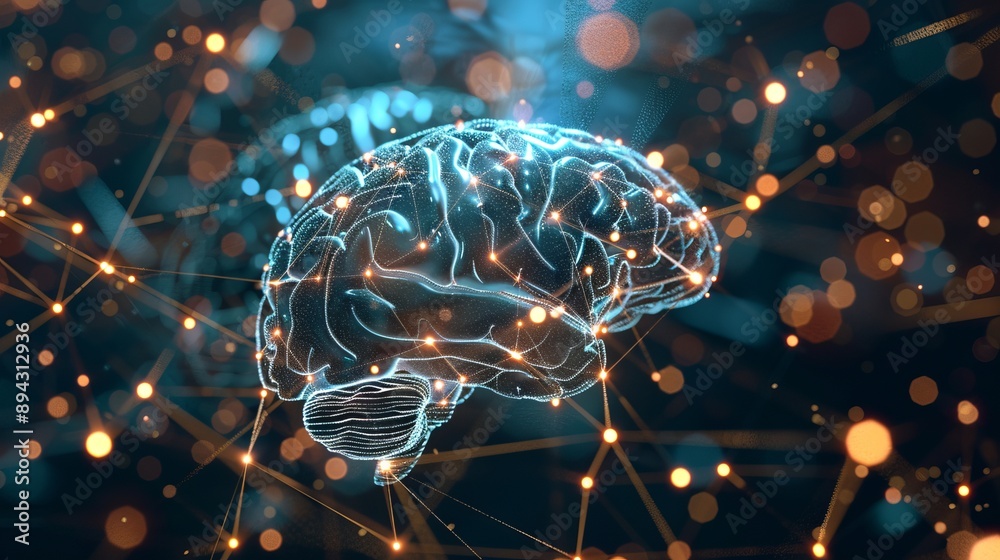 Poster intricate human brain illustration with complex wiring and glowing links, depicting advanced neural 