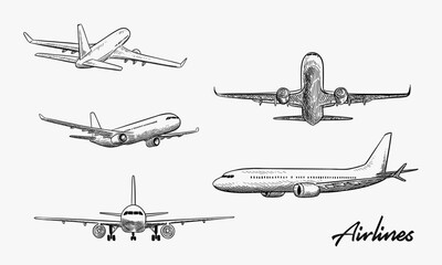 Set of Plane flies in sky clouds, vector sketch illustration. Air travel, tourism flight, plane tickets booking hand drawn isolated design elements