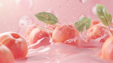 peaches in juice splash isolated on a white background. Peach fruit with leaf isolated on white background, Fresh Peach on White Background With clipping path, Cosmetic cream in peach fuzz color