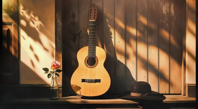 Melodic Shadows: An Acoustic Guitar by the Wooden Door, Accented with a Hat and Single Rose in Sunlit Serenity