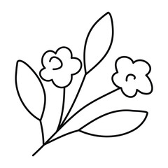 Hand drawn sketch branch with flowers and leaves isolated on white background. Simple doodle style.