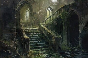 Fototapeta premium Stairway to a forgotten past overgrown with vines and moss